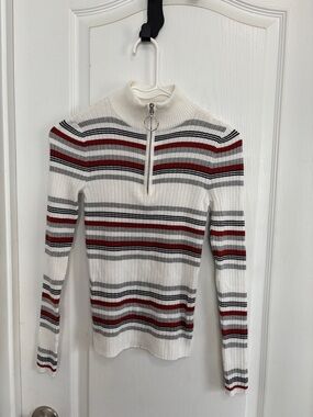 Ribbed Half‑Zip Turtleneck Sweater - White with Red & Gray Stripes